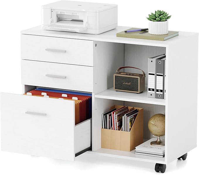 VINGLI 3 Drawer Wood Lateral File Cabinet with Adjustable Shelves & Locking Wheels, Printer Stand with Drawers for Letter Size Files, Sturdy White File Cabinets for Home Office, Study & Business