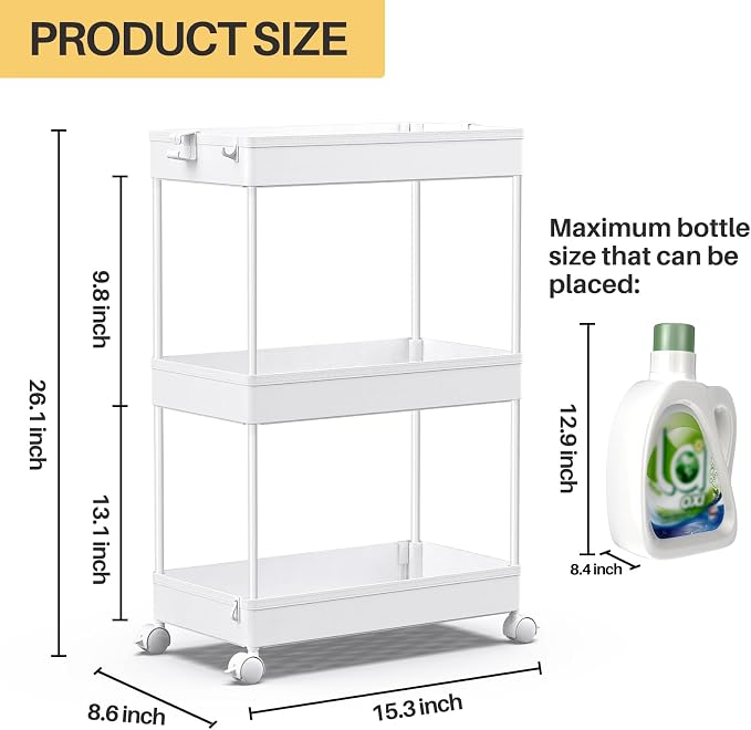 SPACEKEEPER 3 Tier Rolling Cart, Bathroom Cart Organizer with Wheels, White | Mobile Storage Cart for Laundry Room Organization,Kitchen,Office,Bathroom, Utility Cart for Snack,Craft,Art,Makeup,Nail,Toys