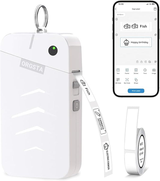 ORGSTA Label Maker Machine with Tape Bluetooth Portable Thermal Labelling Printer for School Home Office Organization, Wireless Mini Labeler S001 Label Machine with Label Sticker Maker, White