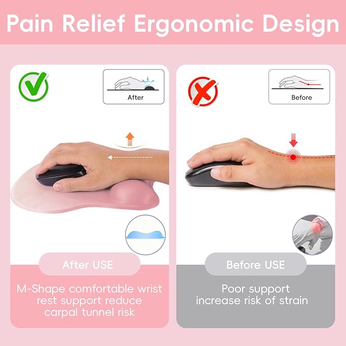 Mouse Pad with Wrist Rest Ergonomic Mouse Pad with Comfortable M-Shape Pain Relief Wrist Support Non-Slip PU Base Mousepad for Laptop, Office & Home (Peach Pink)