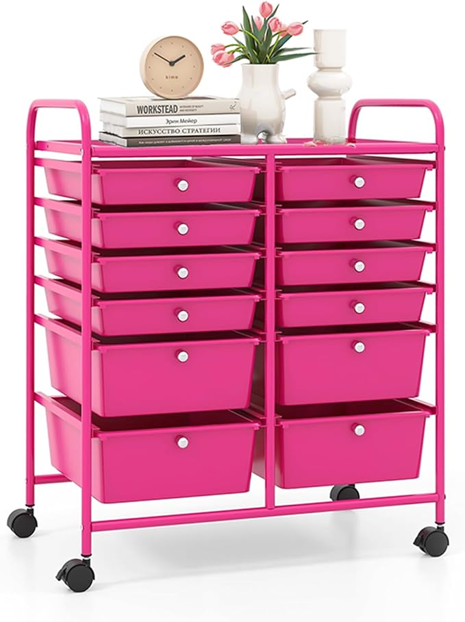 12 Drawer Rolling Storage Cart, Craft Cart Organizer on Wheels w/Metal Frame, Large Capacity & Smooth Drawer, Rolling Cart w/Drawers for Classroom, Office