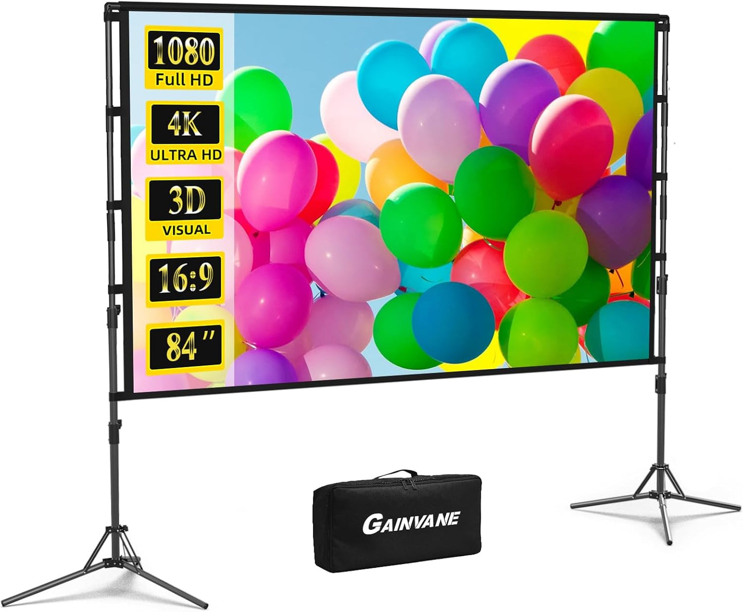 Projector Screen with Stand,84 inch Portable Projection Screen, Indoor Tripod Projector Screen 16:9 4K HD Rear Front Movie Screen with Carry Bag Wrinkle-Free Design for Home Theater Backyard Cinema