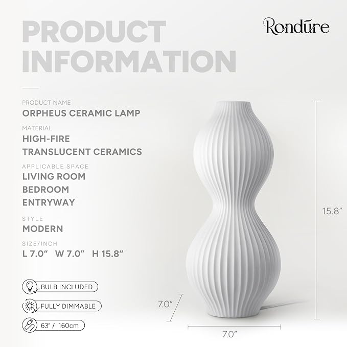 Modern Ceramic Decorative Table Lamp Living Room Bedroom Bedside | Handcrafted Unique Warm Ambient Lighting Lamp, Accent White Translucent Ceramic shade, Fully Dimmable, Corded, Bulb Included