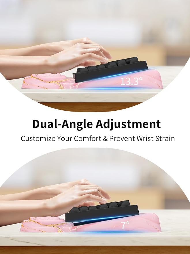 3-in-1 Ergonomic Keyboard Stand with Wrist Rest & Mouse Pad Set,Pink Marble | Comfy Keyboard Riser Holder Soft Mousepad with Massage Design, Memory Foam and Non-Slip PU Base for Pain Relief