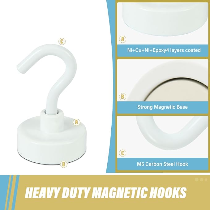 Neosmuk Magnetic Hooks, Heavy Duty 40lb+ Strong Magnet Hook for Cruise Cabins, Cruise Essentials 2026 for Hanging, Metal Wall Refrigerator Hangers (White, 10 Pack)