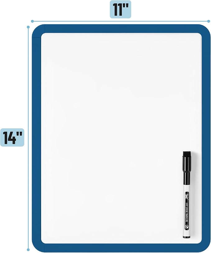 Mr. Pen- Dry Erase Board, 14” x 11” with a Black Dry Erase Marker | Dark Blue Frame, Small Mini White Board for Students, Fridge, Wall, Locker, Includes Double Sided Tapes