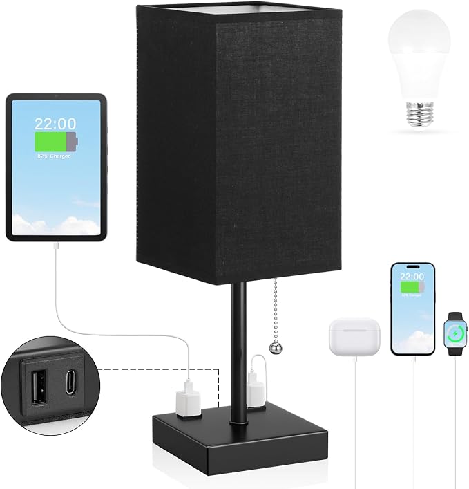 Black Lamp for Bedroom - 3 Color Temperatures, USB A+C, 2 AC Outlets | Pull Chain Switch, LED Bulb Included, Black Fabric Shade, 17.4" Table Lamp for Nightstand, Desk, Living Room, Office