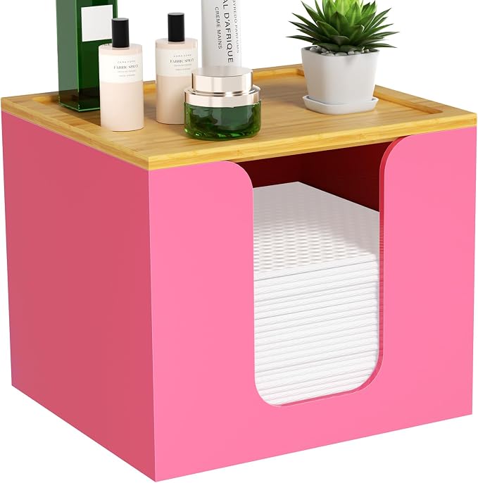 VITVITI Disposable Face Towel Holder for Clean Skin Club, Acrylic Box Pink | 50 XL Face Towels Holder Container, Facial Towel Storage with Bamboo Lid, for Bathroom, Vanity Makeup
