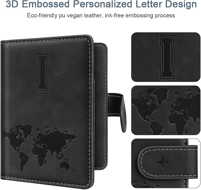 Passport Holder for Travel Essentials Personalized Initial Wallets | Embossed Letter A-Z Design, RFID Blocking, Passport Cover, Passport Book Holders, Men Women, Personalized Gifts, Black-I