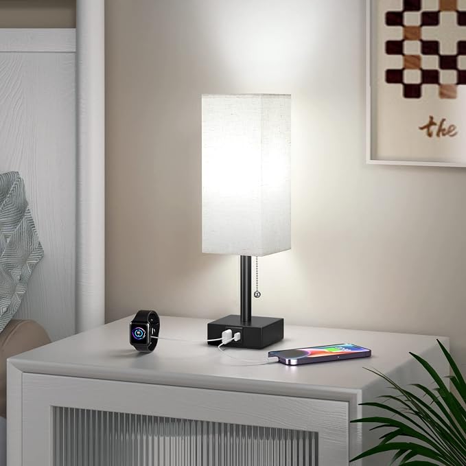Small Bedside Table Lamp for Bedroom - Desk Lamp For Nightstand, USB C+A | Pull Chain Lamp, 3 Color Modes(3000K/4000K/5000K), E26 LED Bulb Included, Square Beige Fabric Lampshade, for Read, Work, Dorm