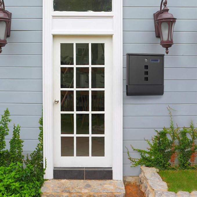 Decaller Wall Mount Mailbox with Key Lock, Metal Rust-Proof Mail Box with Newspaper Compartment for Outside, 15.4" x 12" 4.8", 2203 Black