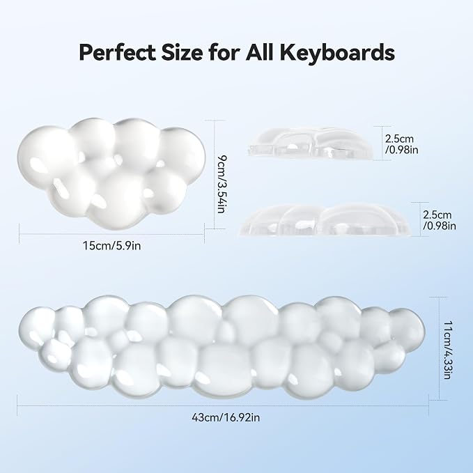 TECKNET Gel Cloud Wrist Rest Set, Cloud Wrist Rest with Non-Slip Base, Clear Wrist Pad for Keyboard with Mouse Wrist Rest for Computer Laptop Office Gaming and Pain Relief, Transparent