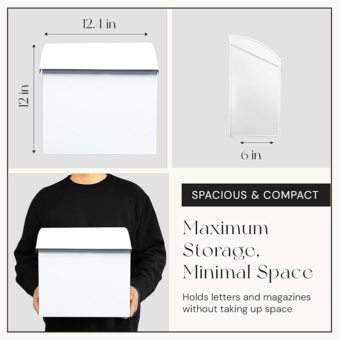 NACH Large Mailbox for House, 12.4”x7.1”x11.8 White Mailboxes for Outside, Waterproof Mailbox - Baxter-Style Wall Mount Mailboxes for Outside