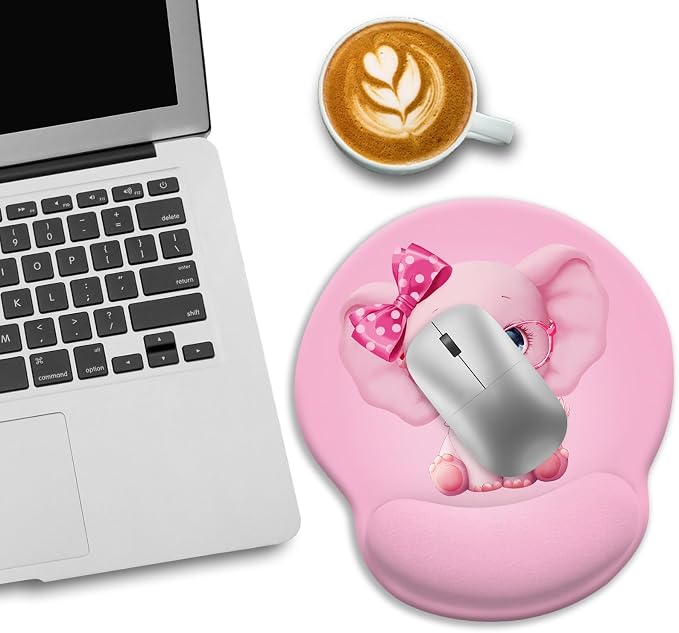 LIMKRIAN Pink Elephant Ergonomic Mouse Pad with Wrist Rest, 9.8 x 8.6 in | Non-Slip PU Base, Smooth Surface, Comfort Gel Wrist Support, Pain Relief, Cute Pink Office Desk Accessories Decor for Women