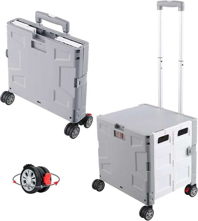 FELICON Folding Utility Cart Rolling Crate Handcart Basket Tote-Gray+White | Collapsible Hidden Lid,Plastic Box,Telescoping Handle,4 Rotate Wheels for Travel Shop Move Grocery Laundry Office Teacher Use