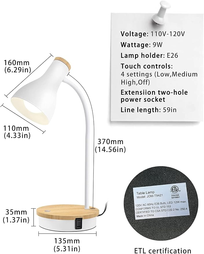 LALISU Metal Desk Lamp Wireless Charging Table Lamp Touch Reading Lights Arc Desk Lamps for Bedroom, 3 Way Dimmable Bedside Lamp with USB Charging Ports Lamp for Study Room and Office (Touch-White)