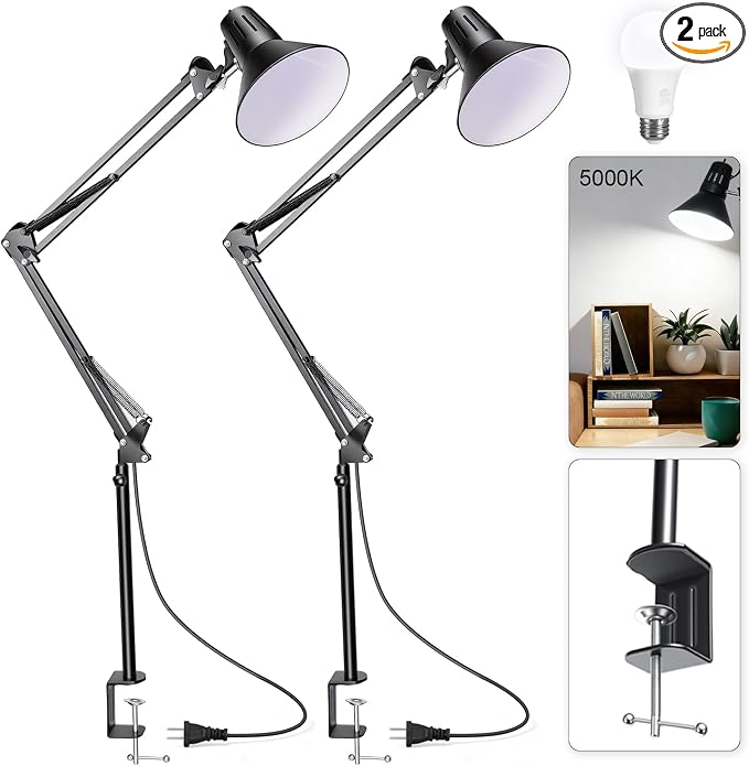 Black Desk Lamp with Clamp, Extra-Tall Adjustable Metal Swing Arm, 2 Pack | Manicurist Table Lamp for Nail Work, Drafting, Sewing, Crafting, College Dorm and Home Office, A19 Bulbs Included