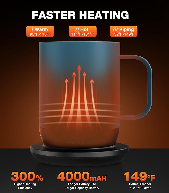 Kepwam Heated Coffee Mug T1-14oz Fast Heating & Longer Battery Life Self Heating Coffee Mug Hot to 149℉ - Touch & App Controlled Mug Coffee and Hot Beverage Warmer, Gifts for Women and Men
