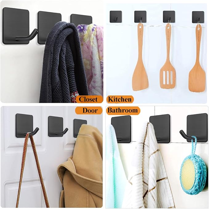 FOTYRIG Adhesive Towel Hooks No Drill Wall Hooks Stick on Wall Hangers Shower Hooks for Inside Shower Bathrooms Kitchen Door Black -4 Packs