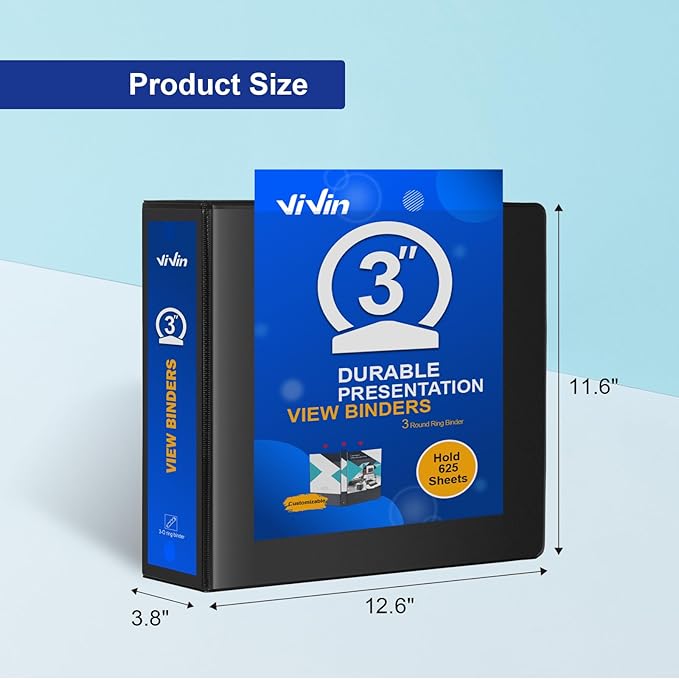 ViVin 3 Ring Binder 3 inch with Clear View Cover, Large 3" Round Ring for Strength, Holds 600 Sheets of US Letter Size Paper, Office Home School, 6 Pack (Black)