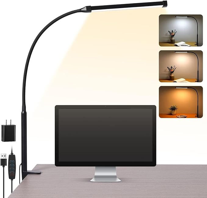 LED Desk Lamp with Clamp, Clip on Lights for Home Office, Black | 3 Modes 10 Brightness, Long Flexible Goose-Neck, Eye-Caring, Memory Function, Energy Efficient, USB Adapter, Metal