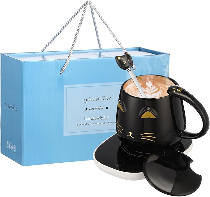 Cat Coffee Cup Coffee Warmer with Mug for Women Electric Mug Heater Temperature Control Ceramic Cute Cat Warmer for Office Valentine' Day Birthday Gift(Black)