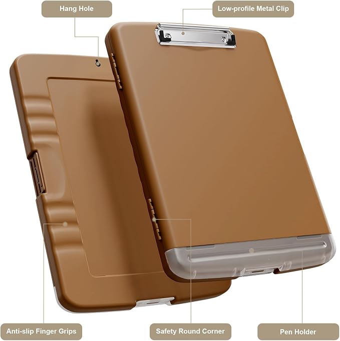 Piasoenc Clipboard with Storage, 8.5 x 11 Clip Board with Pen Holder, Brown | High Capacity, Heavy Duty Plastic Organization Box for A4 Legal Paper Folder, Folio & Side-Opening Nurses, Teachers, Student
