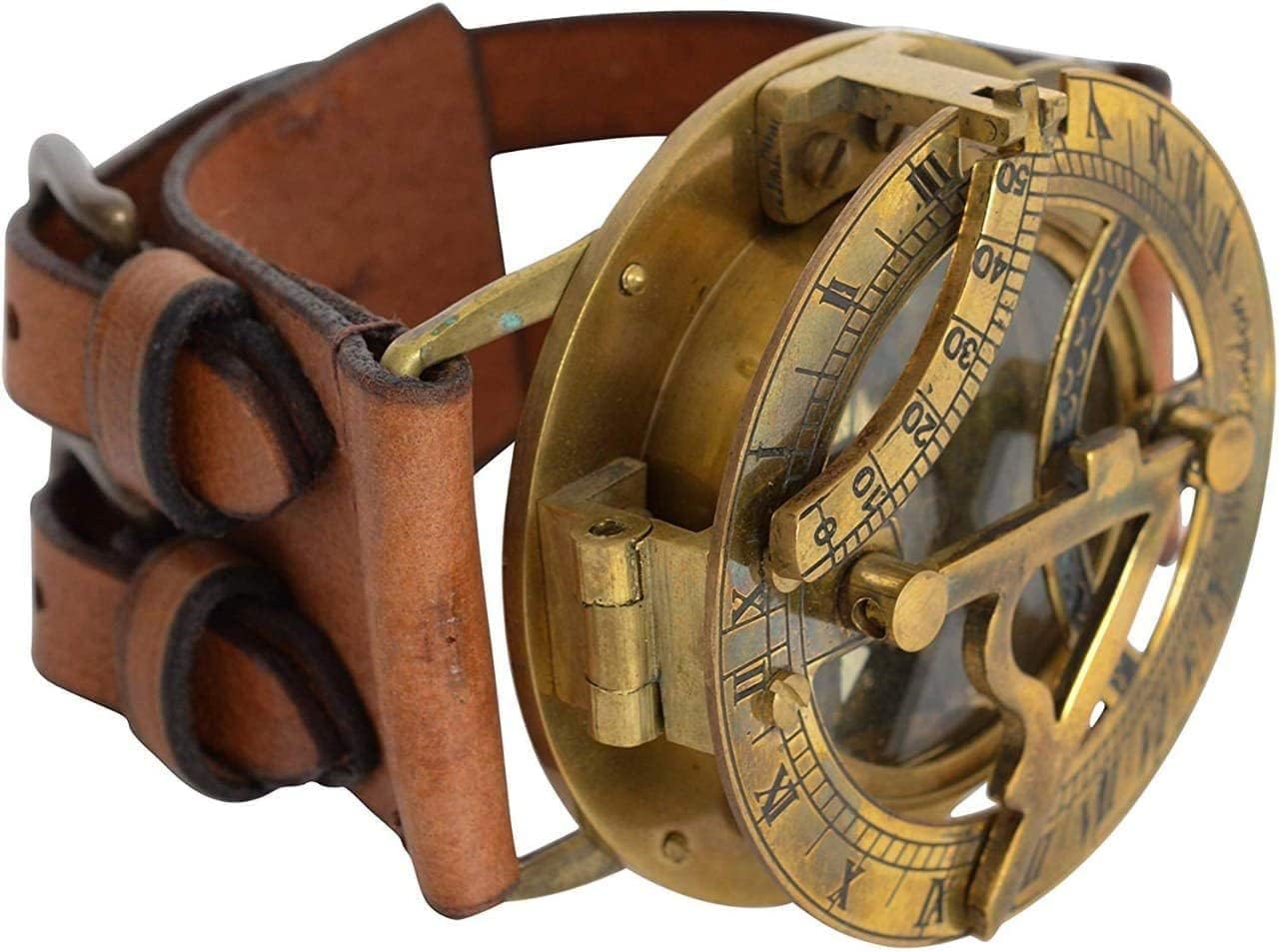 Brass Nautical Vintage Directional Magnetic 3" Sundial Clock, Wrist Marine Compass Navigation Steampunk Baptism Gifts Leather Wrist Watch for Loved Ones