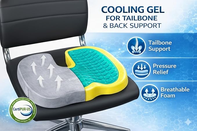 LuminaRest® Gel Seat Cushion for Long Sitting | Premium CertiPUR-US® Certified Memory Foam | Ergonomic Office Chair Cushion for Tailbone & Coccyx Pain Relief, Sciatica & Back Support (Gray)