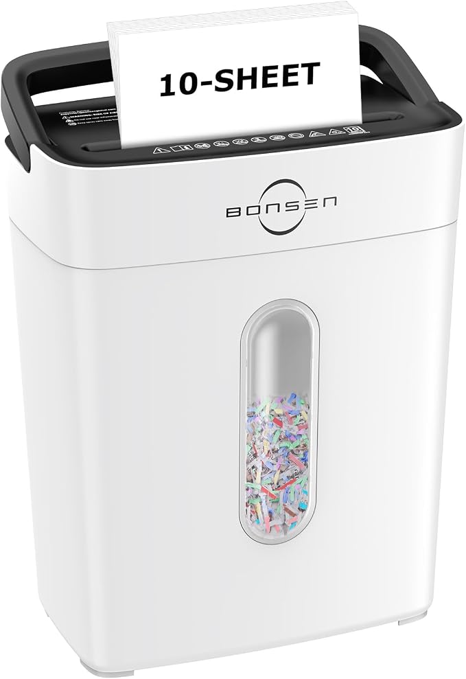 Bonsen 10-Sheet Cross Cut Paper Shredder for Home Office Heavy Duty, White | P-4 Security Level, Shreds Paper & Credit Cards, 4-Gal Bin with Portable Handle, Small Shredder for Home Office，S3201-W