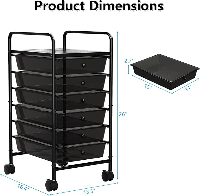 Rolling Storage Cart with Drawers 6-Tier Office Transparent Black | Utility Cart with 6 Drawers & 2 Lockable Caster Wheels, Multipurpose Mobile Drawer Cart for School Bathroom Kitchen