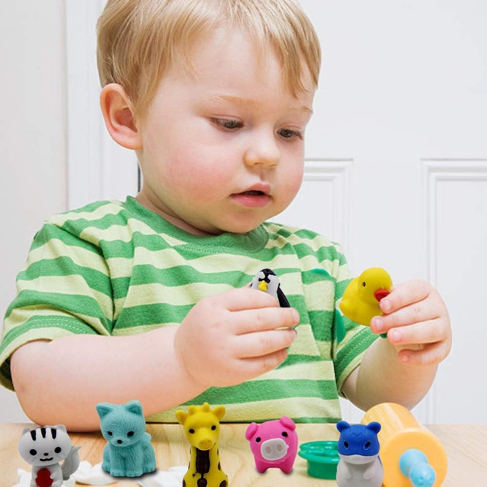 72 Pcs Assorted Animal Pencil Erasers Desk Pets, Bulk Mini Pencil Erasers Gifts for Classroom Prizes Reward Goodie Bag Easter Egg Fillers Party Favors (Animal and Car)