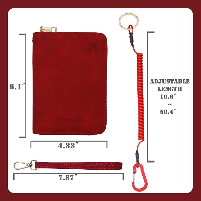 Passport Holder with Tether and Carabiner Clip to Prevent Loss and Theft, Rfid Passport Holder for Travel, Passport Cover, Wallet & Case for Men and Women (Red - Tether and Carabiner)