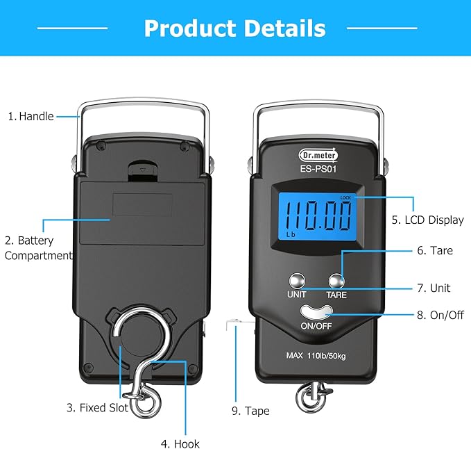 Dr.meter Fish Scale, 110 lb Digital Luggage Scale with Tape | 110 lb Capacity, Backlit LCD, Built-In Tape, Includes 2 AAA Batteries, Compact Pocket Size