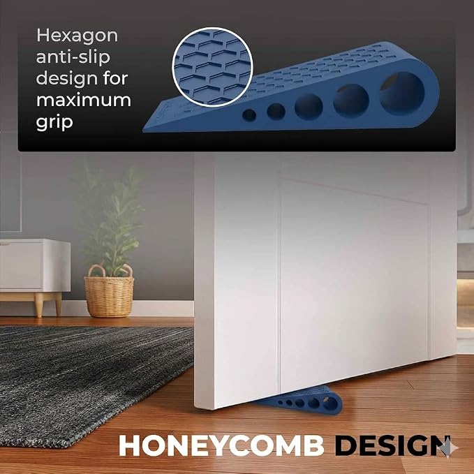 Door Stoppers for Bottom of Door Premium Floor Rubber Door Stop Wedge Made in USA Heavy Duty Honeycomb Design for Carpet, Tile, Ideal for Home, School, Commercial,Blue 3 Pack