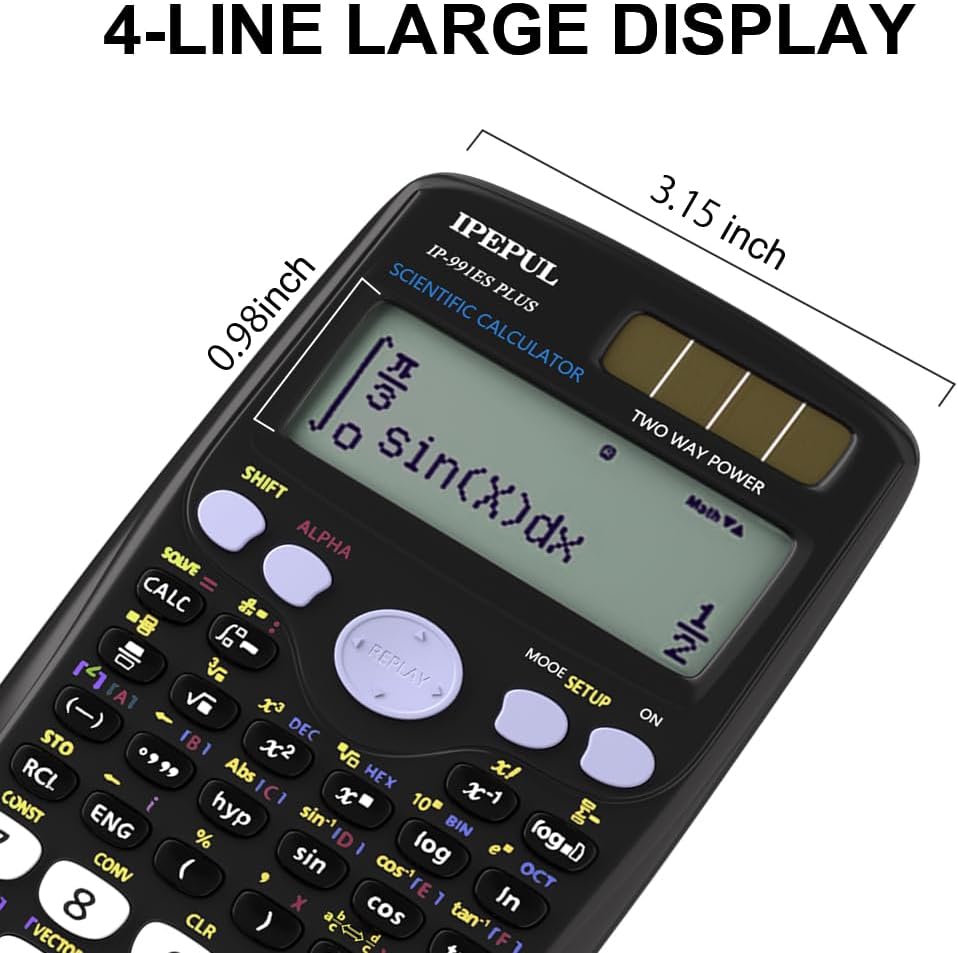 Scientific Calculators, IPepul Math Calculator with 417 Function, Solar Battery Power and 4-Lines Display, School Supplies for Middle High College Students Teachers (Black 991ES)