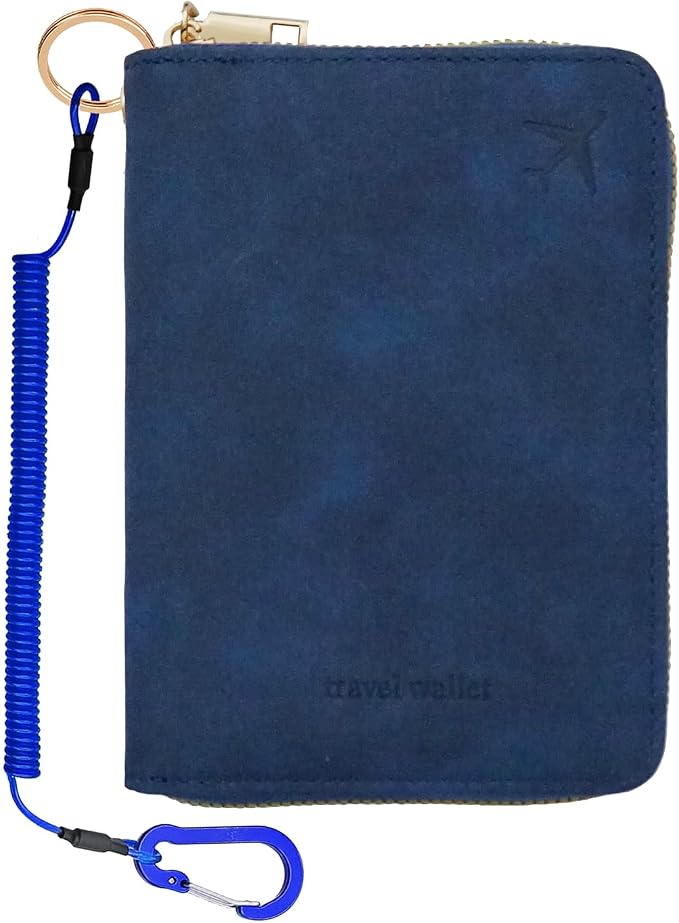 Passport Holder with Tether and Carabiner Clip to Prevent Loss and Theft, Rfid Passport Holder for Travel, Passport Cover, Wallet & Case for Men and Women (Blue - Tether and Carabiner)