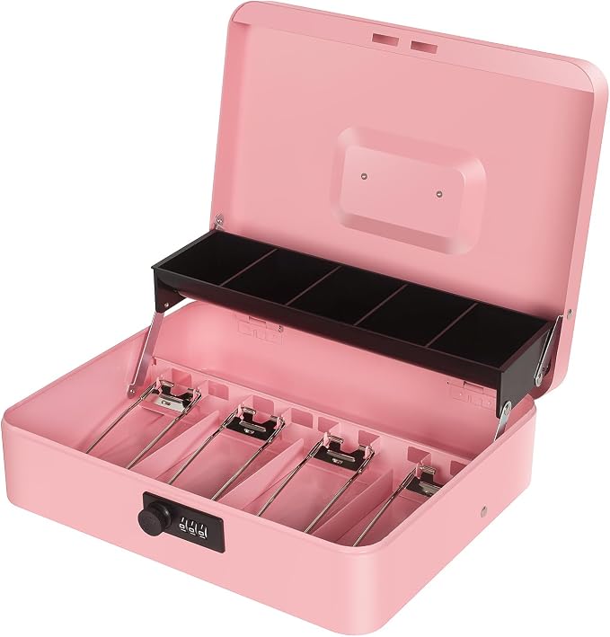 Cash Box with Combination Lock, Metal Money Box for Cash Register, Large Cash Lock Box for Money Safe 11.8" x 9.4" x 3.54" Pink