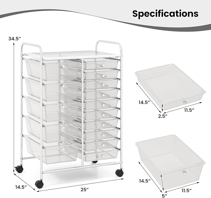 BECOMFORT 15-Drawer Rolling Cart with Drawers, Storage Cart on Wheels, Teacher Classroom Organizers with Metal Frame, Mobile Craft Cart for Tools, Trolley Utility Cart for School Office Play Room