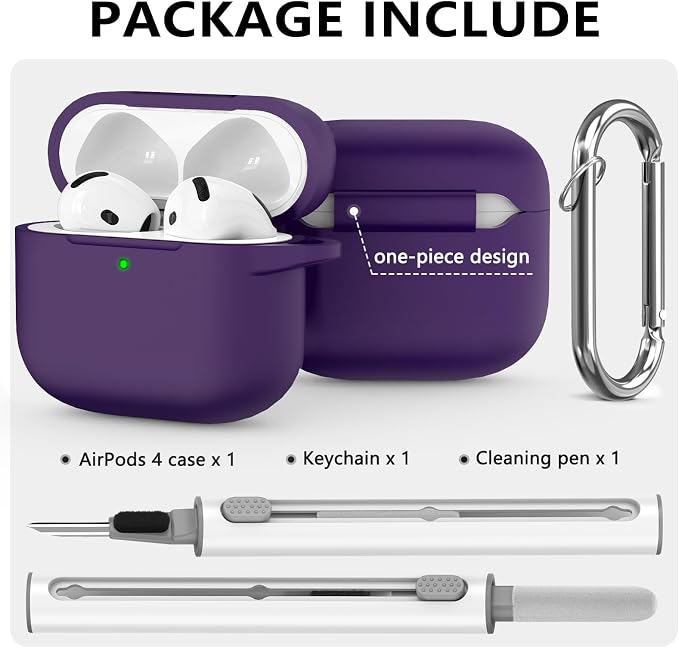 Ljusmicker for AirPods 4 Case 2024 with Cleaner Kit,Soft Silicone Protective Cover for Apple AirPods 4th Generation Cases for Women Men,for AirPod 4 Case Accessories with Keychain-Dark Purple