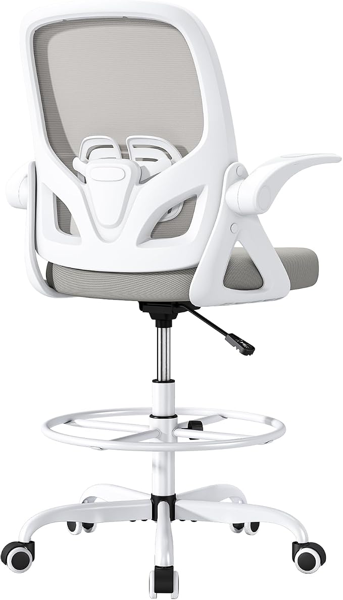 ORRSAKER Drafting Chair, Tall Office Chair with Flip-up Arms, Mesh Ergonomic Computer Standing Desk Chair with Adjustable Height Foot Ring and Lumbar Support, 300 LBS Capacity, Gray