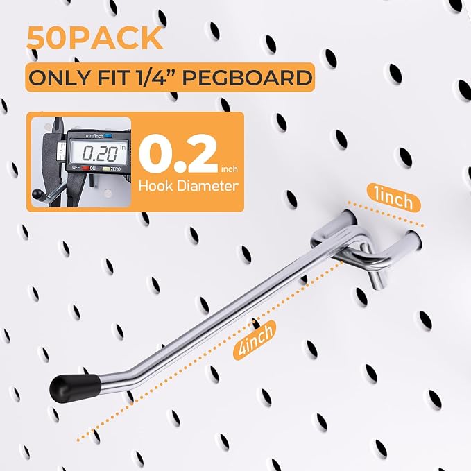 INCLY 50 Pack 4 Inch Pegboard Hooks with Rubber Tipped, 1/4" Heavy Duty | Peg Board Hooks Accessories,Peg Board Tool Hangers Fit 1/4" Pegboard, For Hanging Tools Garage, Craft Room, Kitchen, Store