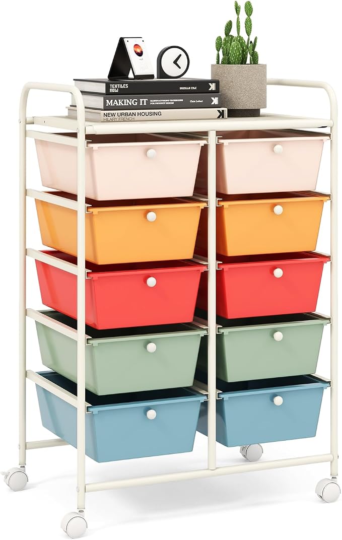 10 Drawer Rolling Cart, Storage Cart Organizer on Wheels, Drawer Cart with Metal Frame & Large Storage Capacity, Rolling Cart with Drawers for Living Room Classroom, Office