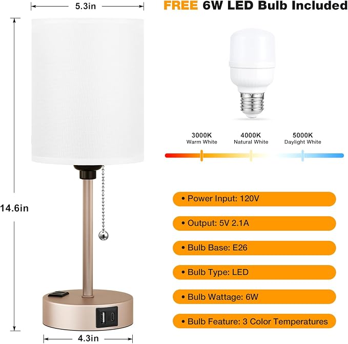 Small Bedside Table Lamp for Bedroom, Desk Lamp with USB Ports for Dorm | USB A+C Ports, AC Outlet, 3 Color Temp, LED Bulb Included, White Fabric Shade, Light-Gold Brass Base, 14" Night Stand Lamp
