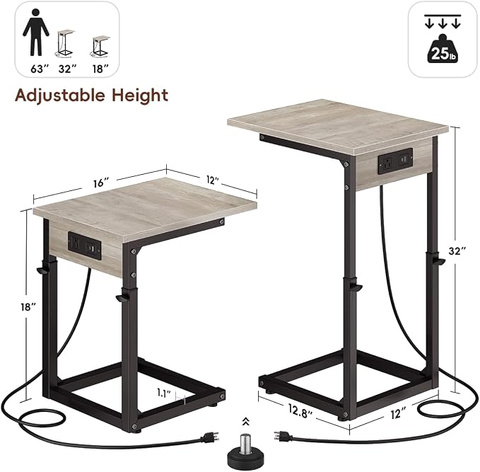 C Shaped End Table with Charging Station, Adjustable Height Side Table for Couch, C Table End Table Couch Table that Slide Under, Sofa Table TV Tray Arm Tables for Living Room, Bedroom, Gray