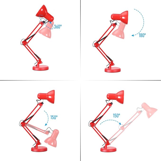 TORCHSTAR Metal Desk Lamp, Adjustable Swing Arm, E26, Red | Architect Gooseneck Multi-Joint Clip Table Lamp with Plastic Clamp, for Home Office, Work, Study, Reading, Bulbs not Included