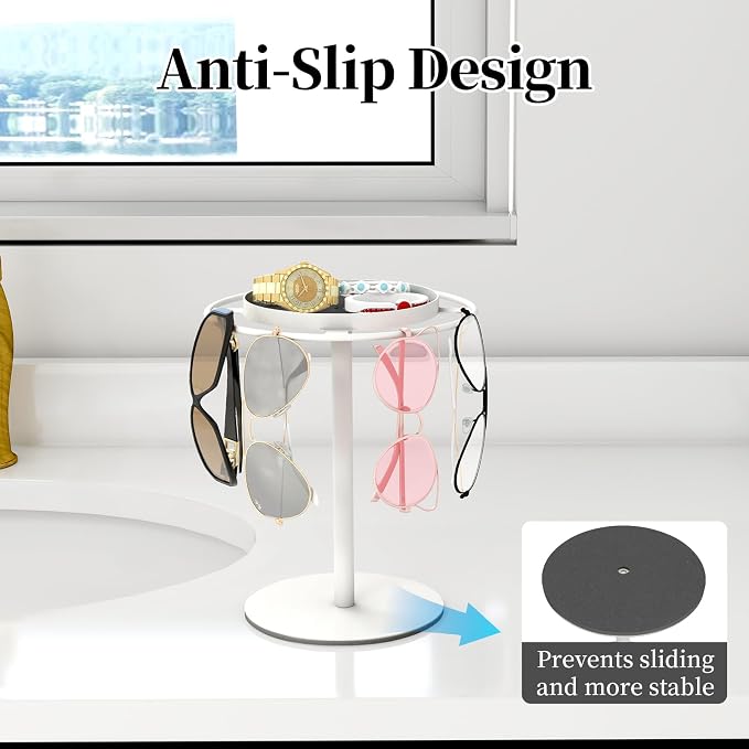 LSK Metal Sunglass Organizer, Glasses Holder Stand with Storage Tray, White | Sunglass Holder with Non-Slip Pad for Nightstand, Tabletop, Desk, Dresser, Hanging Up to 9 Pairs Sunlasses/Reading Glasses