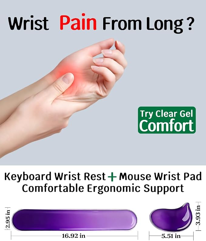 Clear Gel Keyboard Wrist Rest with Mouse Pad Wrist Support, Ergonomic Wrist Rest for Computer Keyboard and Mouse, Non-Slip Cooling Keyboard Pad for Office, Gaming & Laptop (Purple)