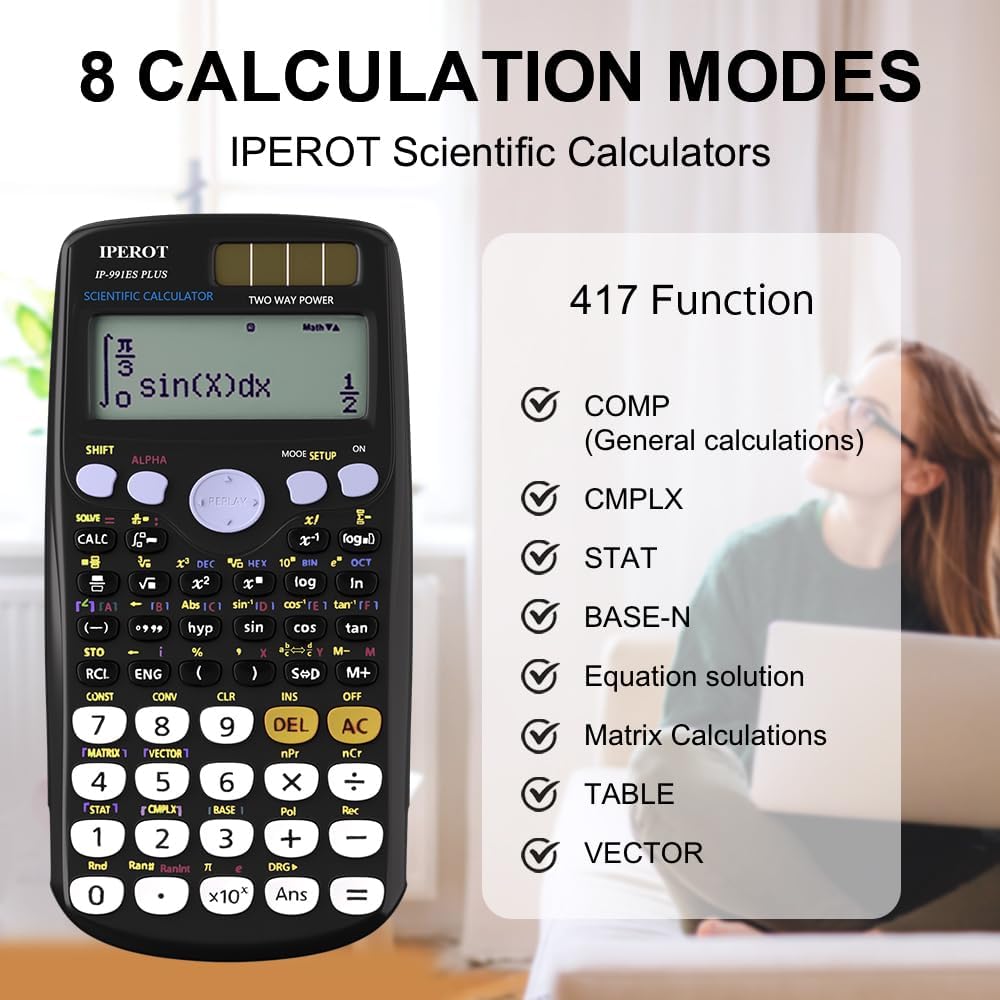 Scientific Calculators, IPEROT Black Math Calculator with 417 Function, Solar Battery Power and 4-Line Display, School Supplies for Middle High College Students Teachers (Black 991ES)