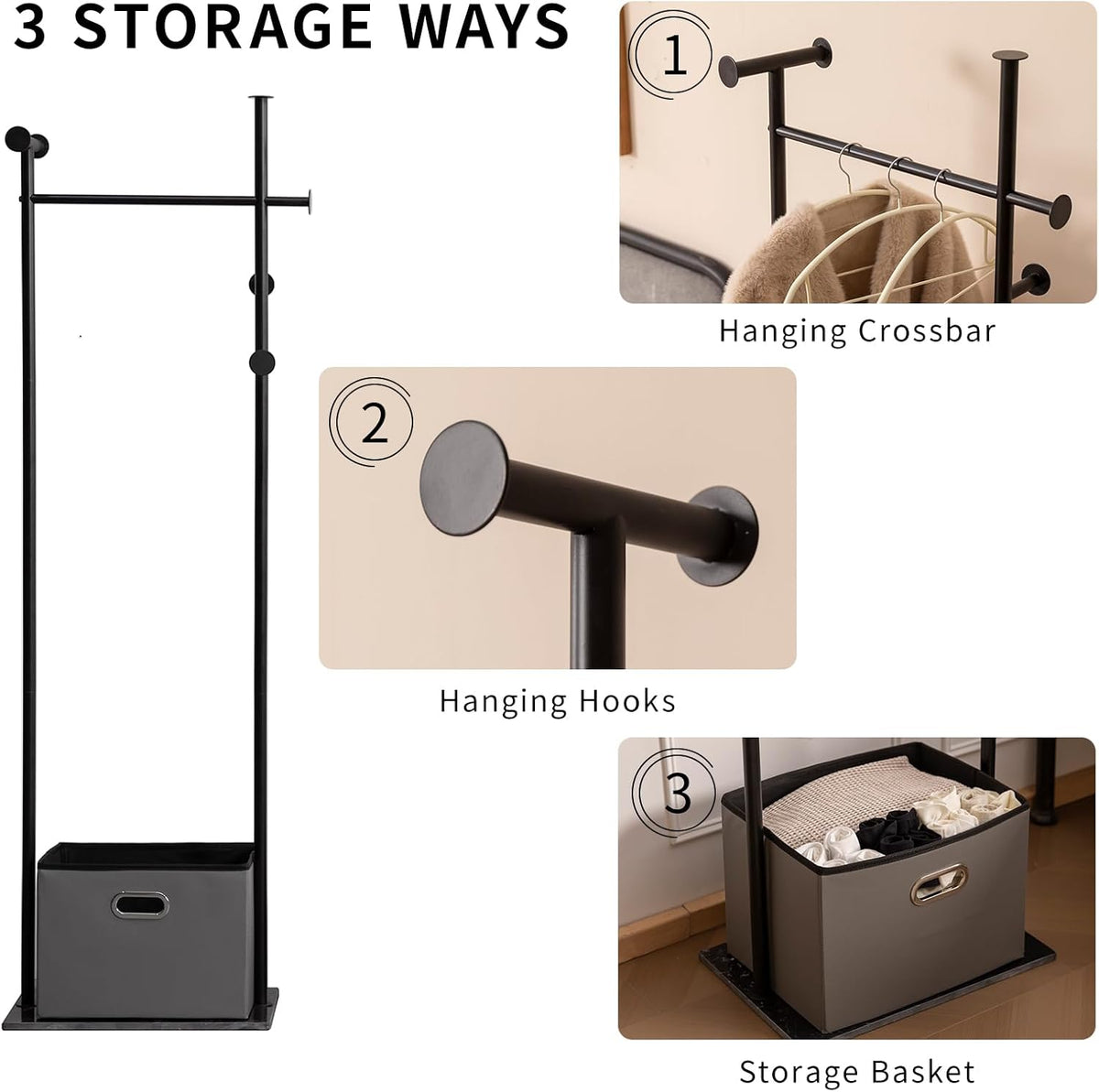 Coat Rack Freestanding with Storage Basket Heavy Duty Clothes Rack Marble Base Modern Coat Stand for Bedroom Living Room Hotel 13.39" D x 19.69" W x 68.9" H (Black)